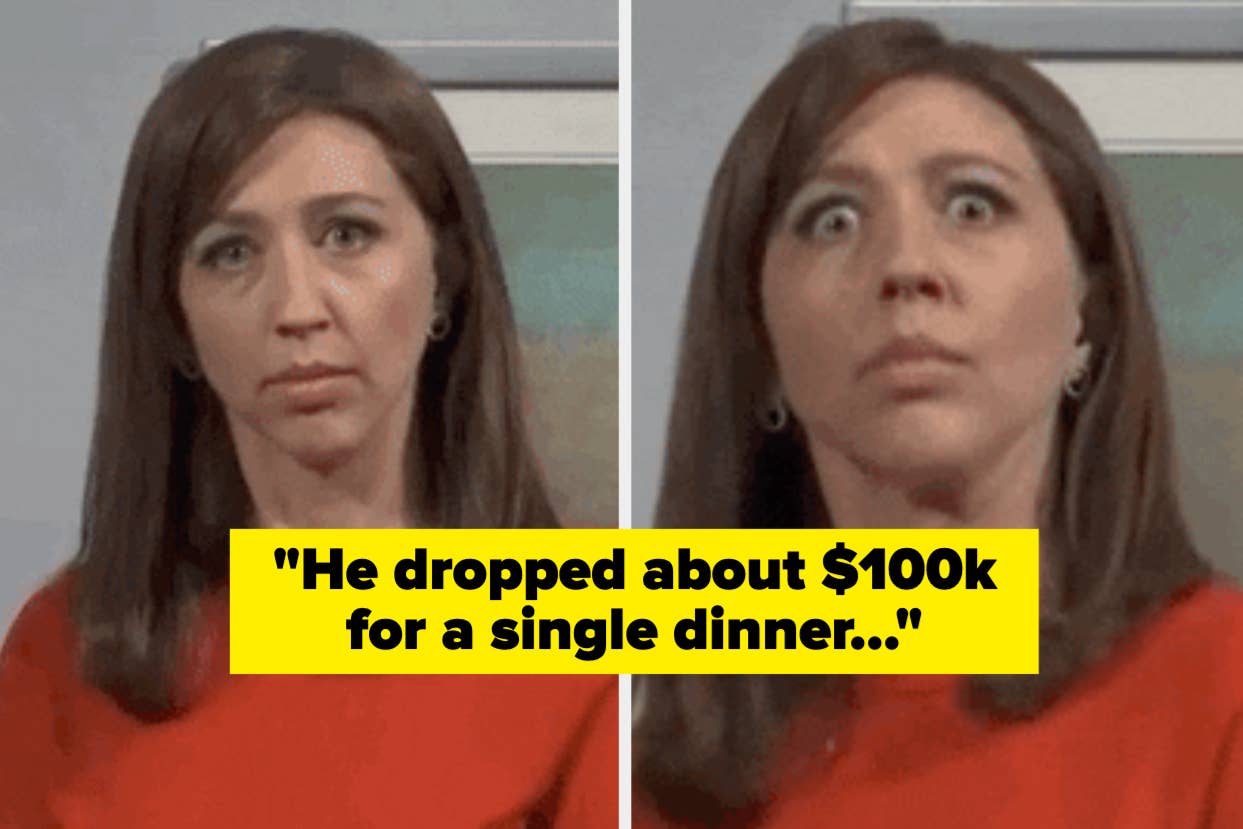 Woman with a surprised expression, quoted text overlay about spending $100K on a single dinner