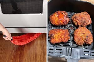 A person pulling out a red kitchen towel from a drawer with chicken pieces cooking in an air fryer to the right