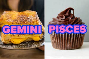 Side-by-side images: Left shows a grilled cheese sandwich with "GEMINI" text overlay, right shows a chocolate cupcake with "PISCES" text overlay
