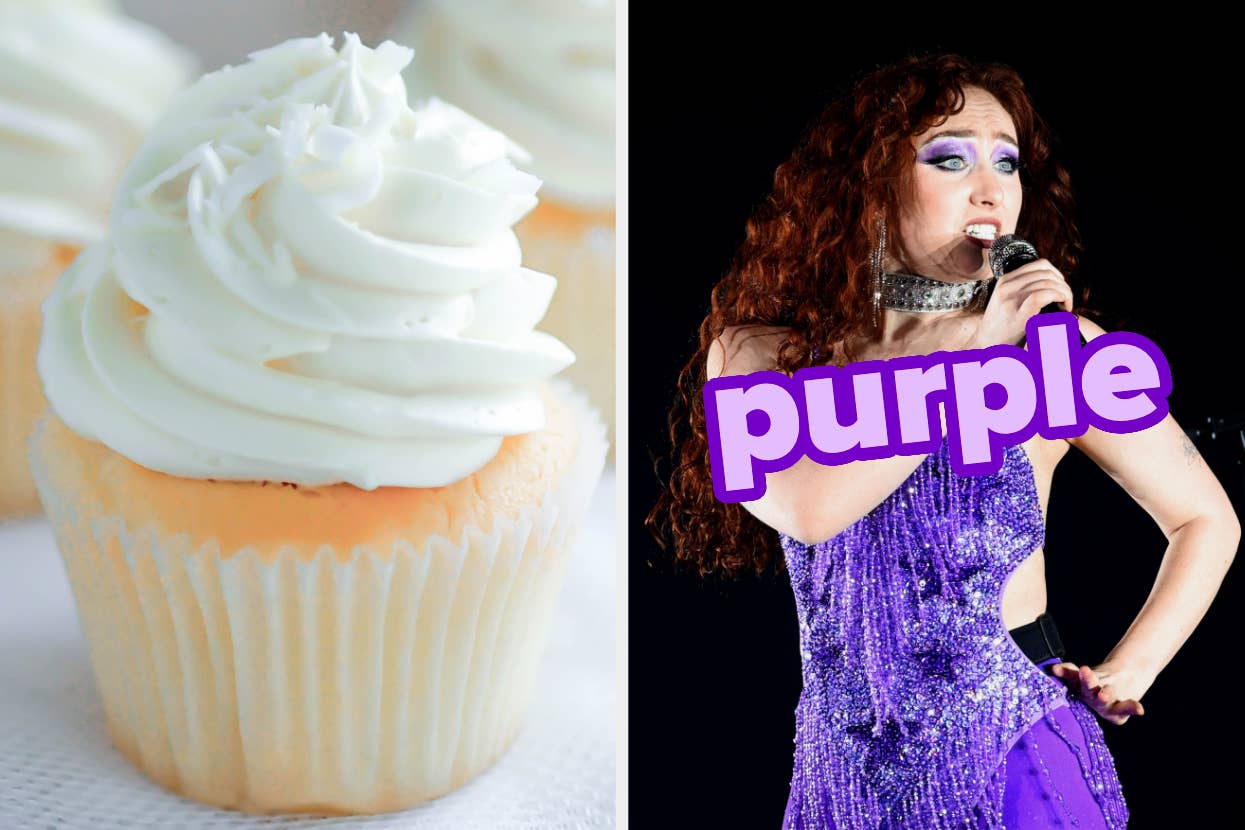 On the left, a vanilla cupcake, and on the right, Chappell Roan performing on stage labeled purple