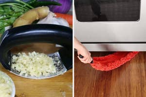 Two images: Left shows a garlic press used on onions; right displays a person holding a rug corner with a microwave above
