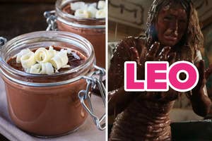 Two images side by side: Left is a jar of chocolate mousse with cream swirls, right is a person covered in mud with the word "LEO" overlayed