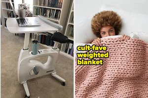 Person peeking from under a pink weighted blanket; exercise bike