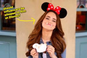 Woman posing with Mickey Mouse ears at Disney, holding a snack, text asks about filming policies for influencers
