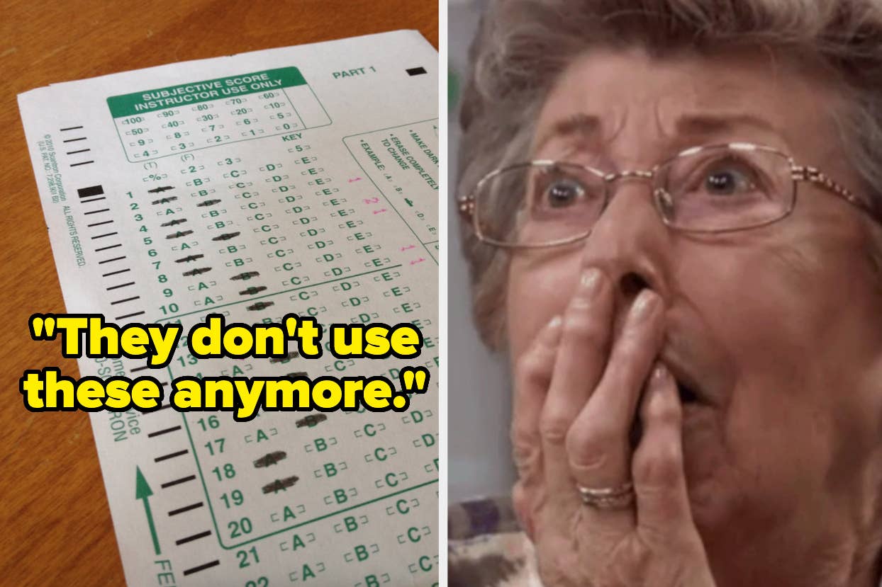 Split image: Surprised elderly woman next to a filled-out Scantron test sheet with the text "They don't use these anymore"