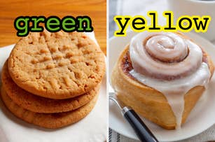 On the left, some peanut butter cookies labeled green, and on the right, a cinnamon roll labeled yellow