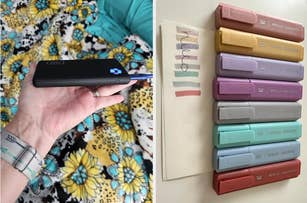 Left: Hand holding a portable black device with a blue symbol. Right: Row of colorful markers beside a swatch paper