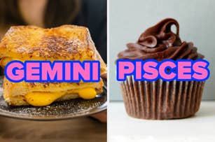 Side-by-side images: Left shows a grilled cheese sandwich with "GEMINI" text overlay, right shows a chocolate cupcake with "PISCES" text overlay