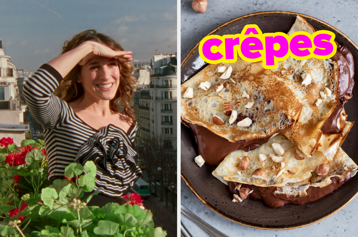On the left, Carrie from Sex and the City on a balcony in Paris, and on the right, some Nutella crepes