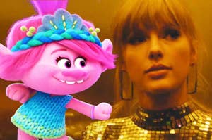 Poppy from Trolls next to a Taylor Swift with a metallic dress and hoop earrings