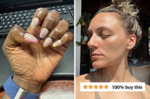 Two side-by-side photos: left, a hand showcasing multicolor nails; right, a woman's profile with a five-star rating graphic