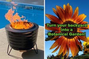 Two images side-by-side, left: a fire pit with flames, right: text "Turn your backyard into a Botanical Garden" next to a sunflower