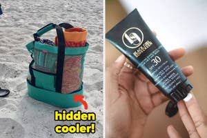 a reviewer's beach bag with a cooler in the bottom "hidden cooler" / a model using black girl sunscreen