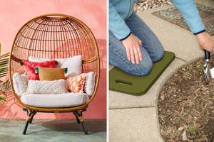 Person kneels on a green garden pad using a tool on soil; a wicker egg chair with cushions and a throw pillow