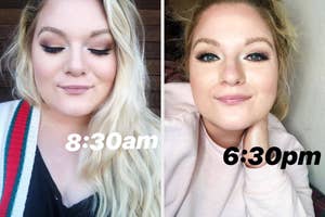 Side-by-side comparison of a person's makeup at morning and evening, showing lasting wear for a beauty article