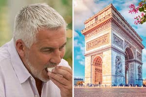 On the left, Paul Hollywood biting into a macaron, and on the right, the Arc de Triomphe