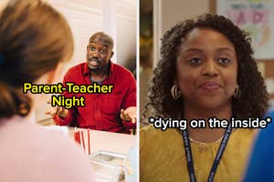 A split image featuring parent-teacher night and a distraught teacher