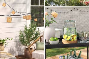 Outdoor patio with string lights, floral arrangement in a vase, a pitcher with lemon slices, and a tray of bottled drinks