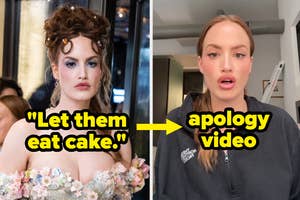 Two side-by-side images of hayleyy baylee the left in a floral dress with an intricate hairstyle, the right in a hoodie labeled "apology video."
