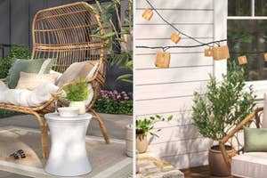 Outdoor patio with a wicker chair, pillows, and a lantern-styled string light above