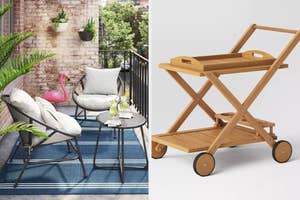 Two images: Left shows an outdoor patio set with cushions; right displays a wooden serving trolley