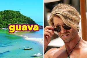 Chad Michael Murray adjusting sunglasses on a sunny day looking at an island labeled "guava"