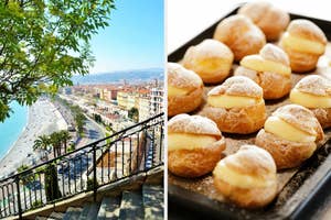 On the left, a beach in Nice, France, and on the right, some cream puffs on a tray