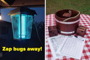 Bug zapper glowing at night and a giant Yahtzee game with dice cup set on a picnic table