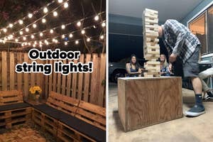 Two images side by side, left shows a cozy outdoor seating area with string lights, right depicts people playing a giant Jenga game at night