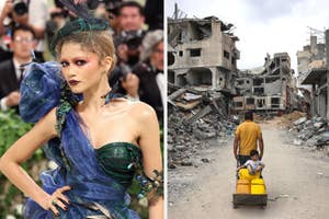Left: Zendaya in avant-garde outfit with dramatic makeup. Right: Person pulls child in a cart through war-torn debris in Gaza