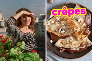 On the left, Carrie from Sex and the City on a balcony in Paris, and on the right, some Nutella crepes