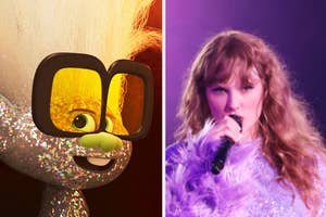 Animated character Baby Diamond with glasses next to a Taylor Swift on stage with a microphone in all purple.