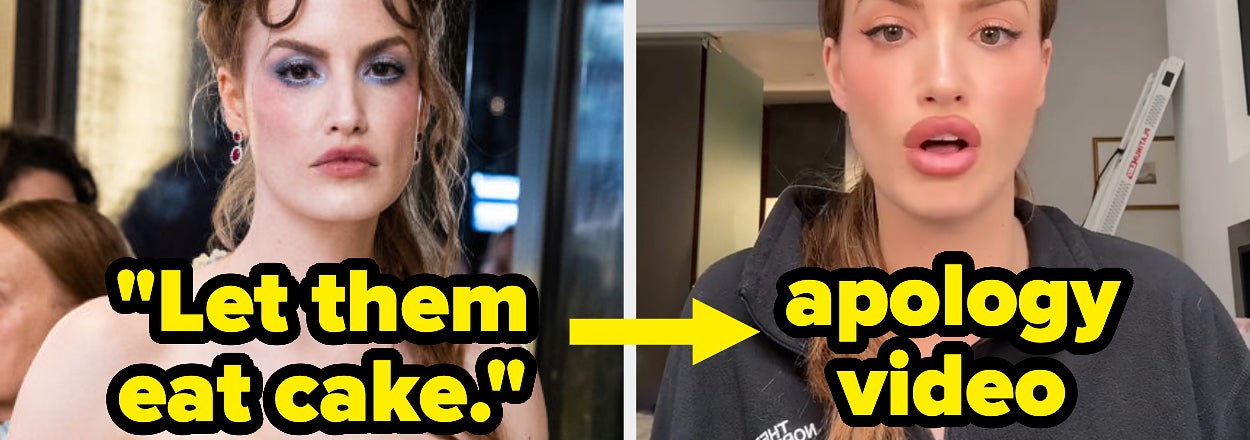 Split image: Left, hayleyy baylee in ornate dress and hairdo; right, same person in a hoodie captioned "apology video."