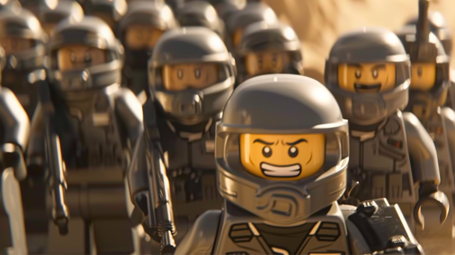 LEGO minifigure in the foreground dressed as a soldier with a group of similar figures in the background