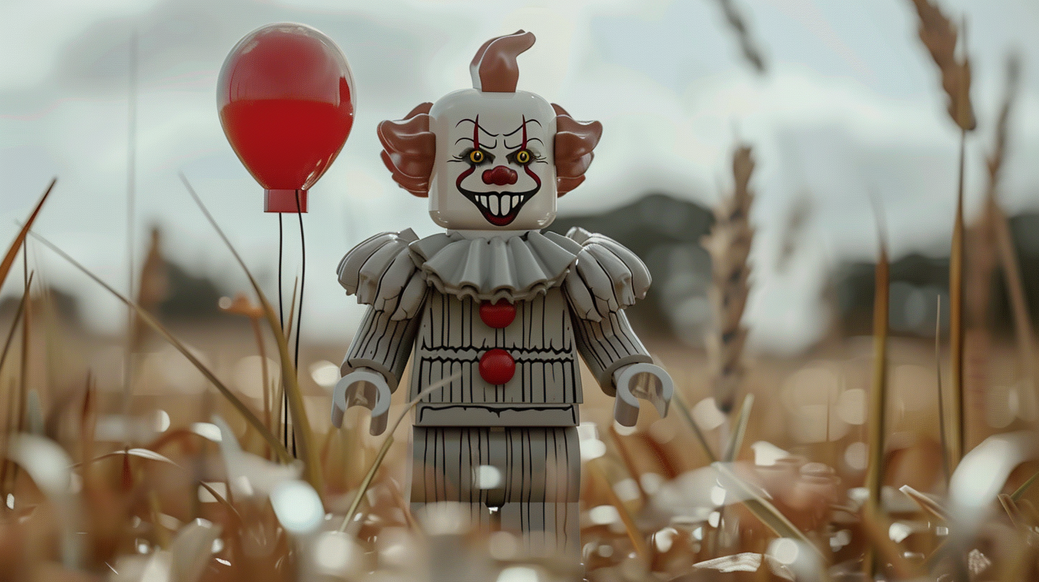 Lego figure of Pennywise from "It" with a balloon, standing in a field