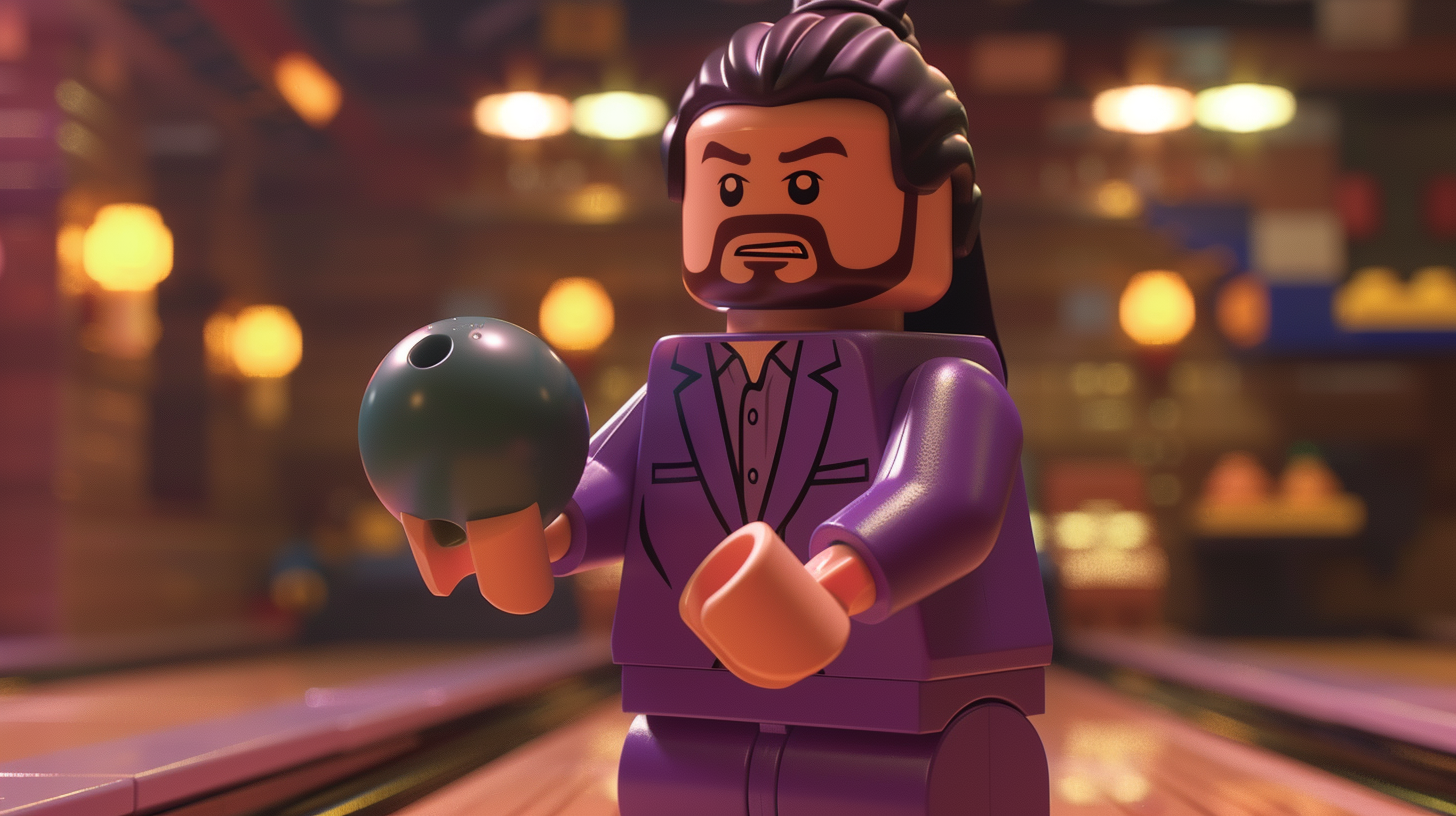 Lego figure resembling a male character in a purple suit at a bowling alley, holding a bowling ball