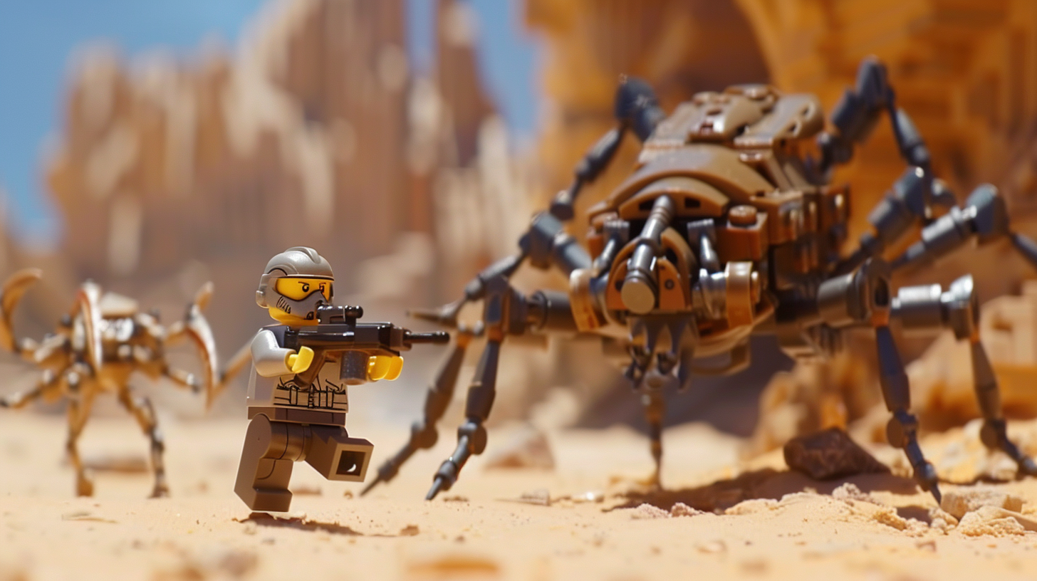 Lego minifigure of a soldier with a blaster facing off against two giant Lego bugs in a sandy terrain