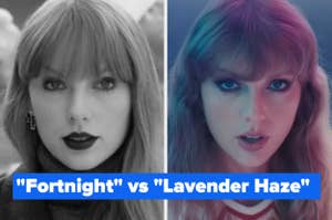Split image of Taylor Swift, left in black and white, right with blue lighting, text "Fortnight" vs "Lavender Haze"