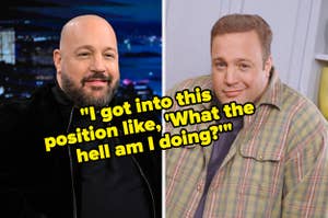 Jeff Ross in a suit on a TV show; Kevin James in a plaid coat from a sitcom. Text: Reflecting on unexpected career moments