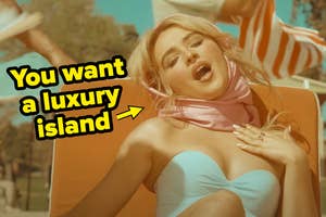 Sabrina Carpenter lounging on a chair with text "You want a luxury island" pointing to her