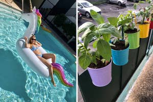 unicorn pool float and colorful planters