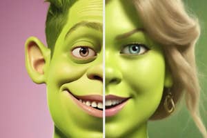 Split image of Shrek and Fiona faces close-up, highlighting animated characters from the Shrek movie series