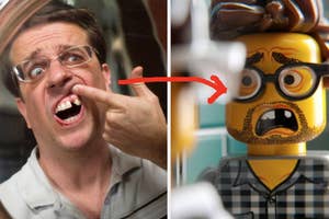 Stu from The Hangover looking at his missing tooth in the mirror next to a LEGO recreation of the scene