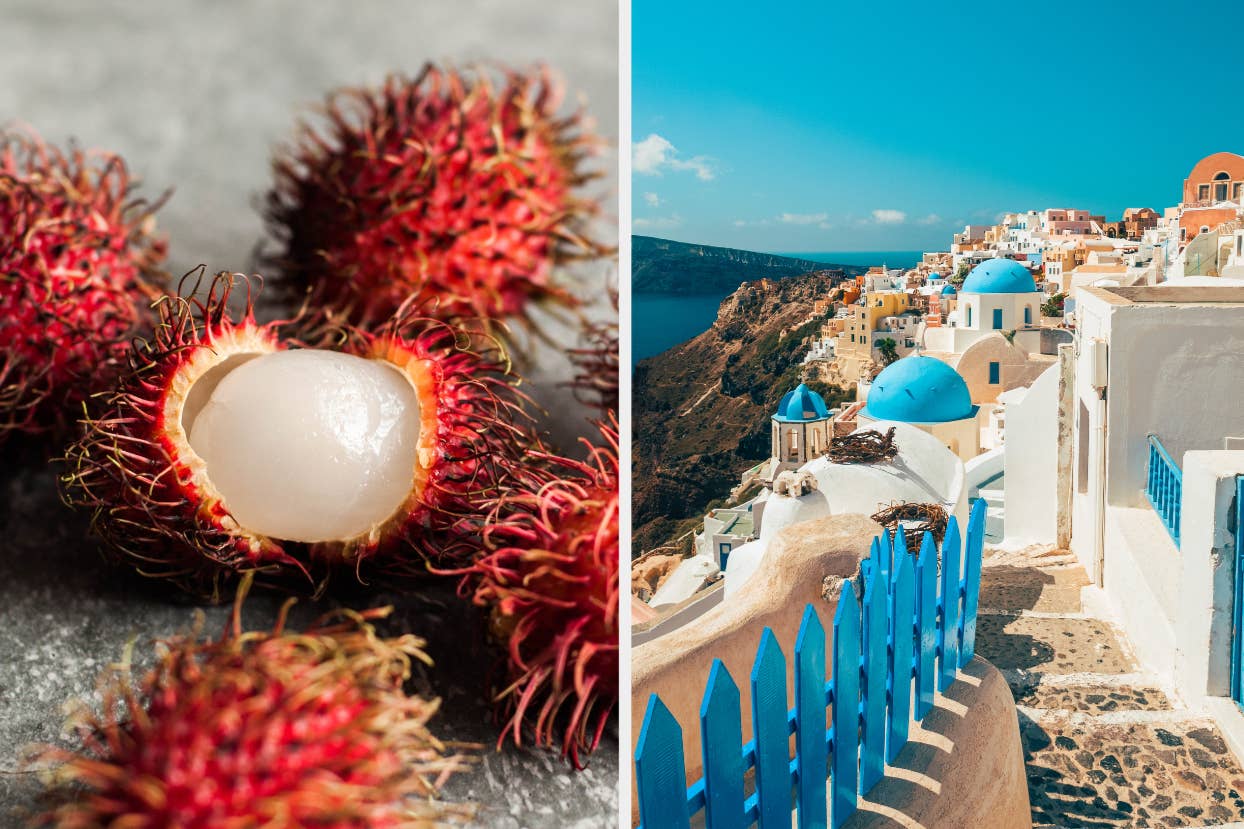 Split image: Left - close-up of a rambutan fruit, one opened. Right - Santorini landscape with blue domes