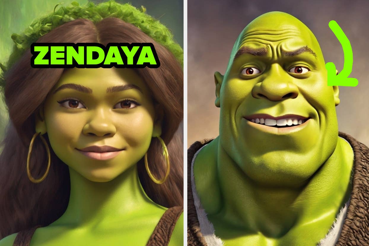 Animated characters resembling Zendaya and Shrek with the name "ZENDAYA" captioned
