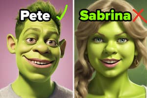 Illustration of Shrek-inspired characters resembling Pete Davidson and Sabrina, with a check for Pete and an X for Sabrina