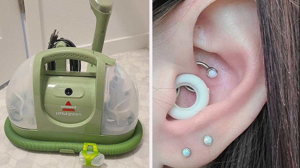 Left: A portable carpet cleaner with attachments. Right: Close-up of an ear with multiple piercings