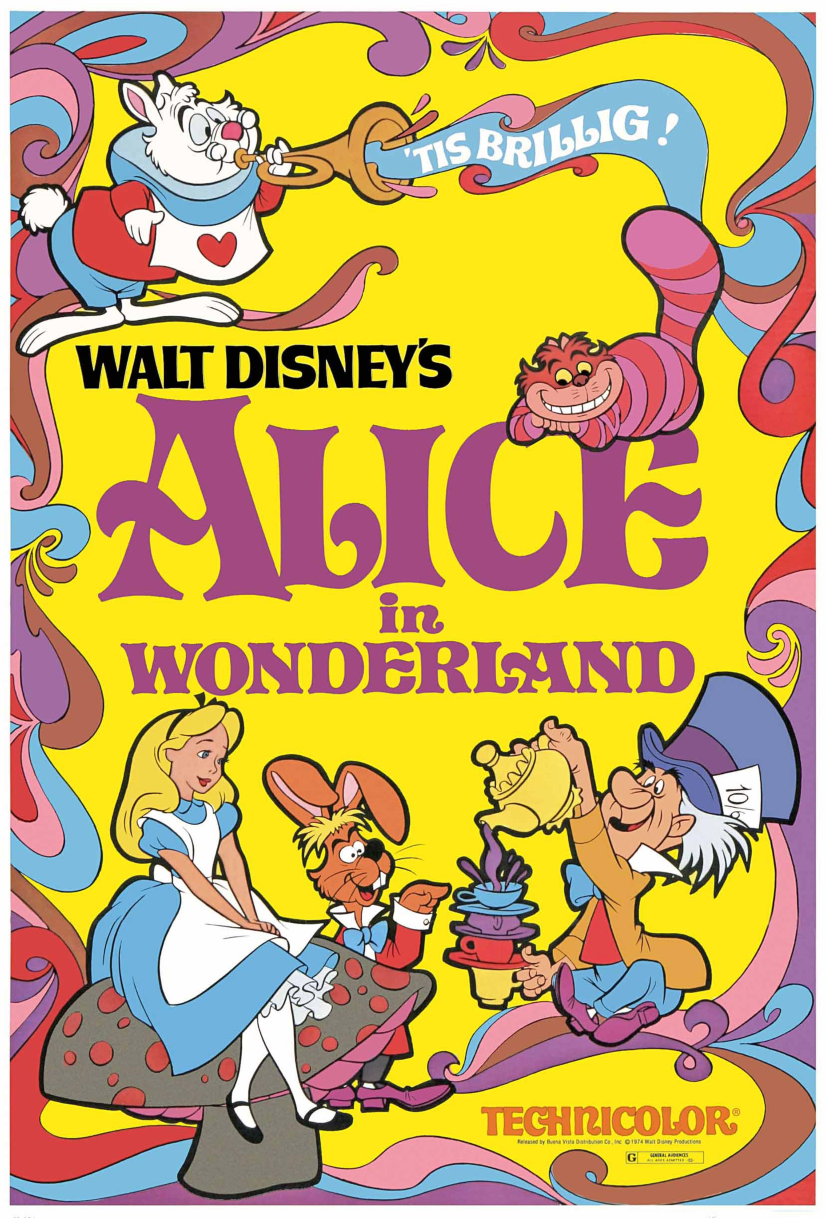 Vintage &quot;Alice in Wonderland&quot; movie poster featuring animated characters Alice, White Rabbit, Cheshire Cat, Mad Hatter, and March Hare