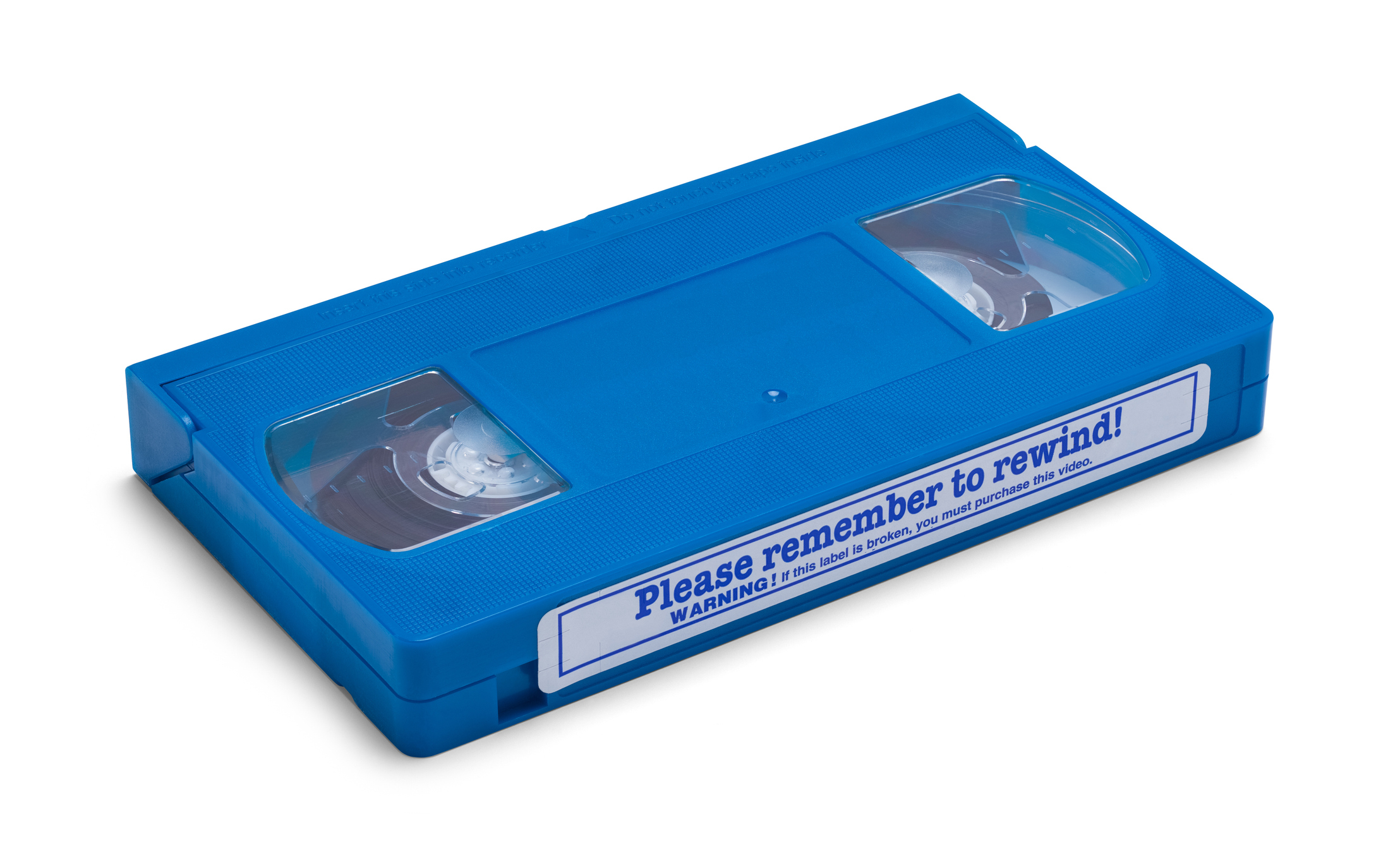 Blue VHS tape with a label that reads &quot;Please remember to rewind!&quot; on white background