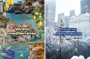 Collage de verano mediterráneo con limones y costa rocosa, e invierno neoyorquino con árboles nevados y edificios